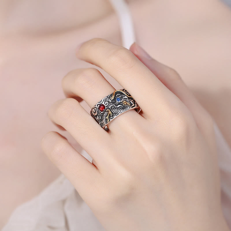 Buddha Stones Vintage Dragon Pattern Copper Plated Silver Balance Ring