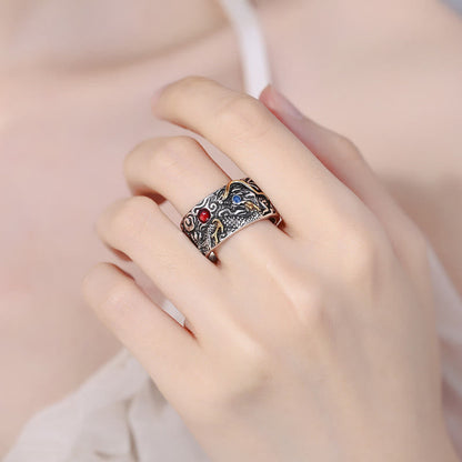 Buddha Stones Vintage Dragon Pattern Copper Plated Silver Balance Ring