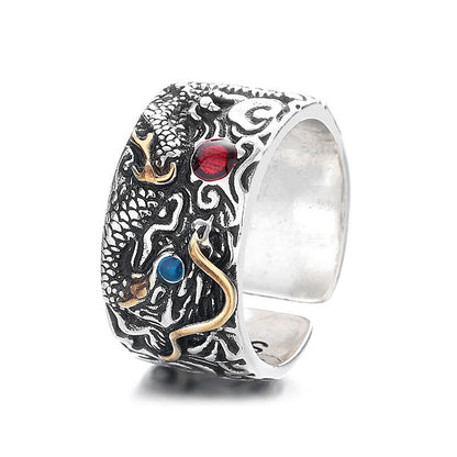 Buddha Stones Vintage Dragon Pattern Copper Plated Silver Balance Ring