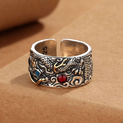 Buddha Stones Vintage Dragon Pattern Copper Plated Silver Balance Ring