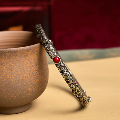 Vintage Tang Dynasty Flower Design Engraved Red Agate Copper Luck Bracelet Bangle
