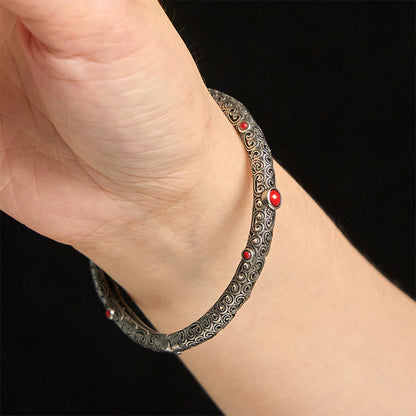 Vintage Tang Dynasty Flower Design Engraved Red Agate Copper Luck Bracelet Bangle