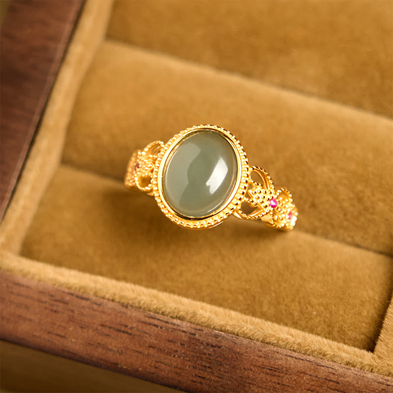 Buddha Stones Natural 925 Sterling Silver Plated Gold Hollow Design Jade Luck Ring