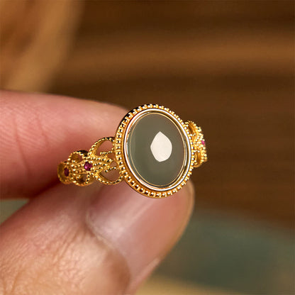 Buddha Stones Natural 925 Sterling Silver Plated Gold Hollow Design Jade Luck Ring