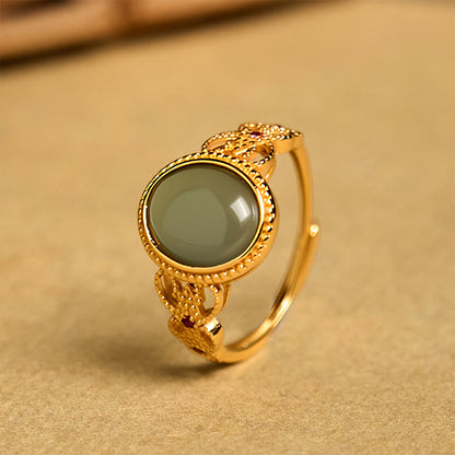 Buddha Stones Natural 925 Sterling Silver Plated Gold Hollow Design Jade Luck Ring