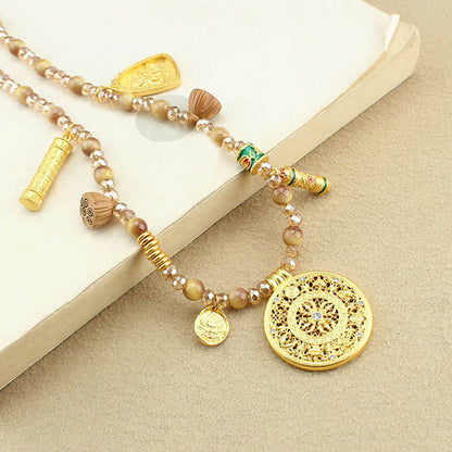 Buddha Stones Tibetan Lotus Round Plate Golden Tiger Eye Beads Necklace Pendant