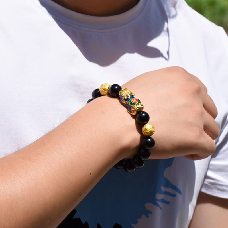 Buddha Stones Fengshui Copper Pixiu Rainbow Obsidian Beads Wealth Bracelet
