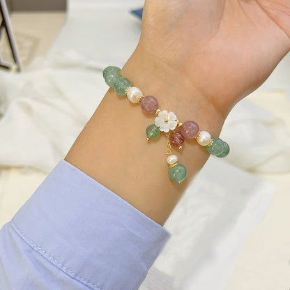 Buddha Stones Green Strawberry Quartz Shell Peach Blossom Soothing Bracelet