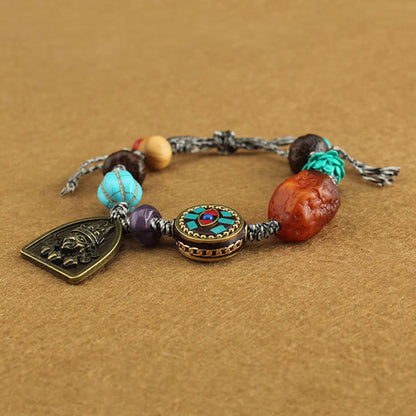 Buddha Stones Tibetan Buddha's Eye Turquoise Lotus Zakiram Protection Rope Bracelet