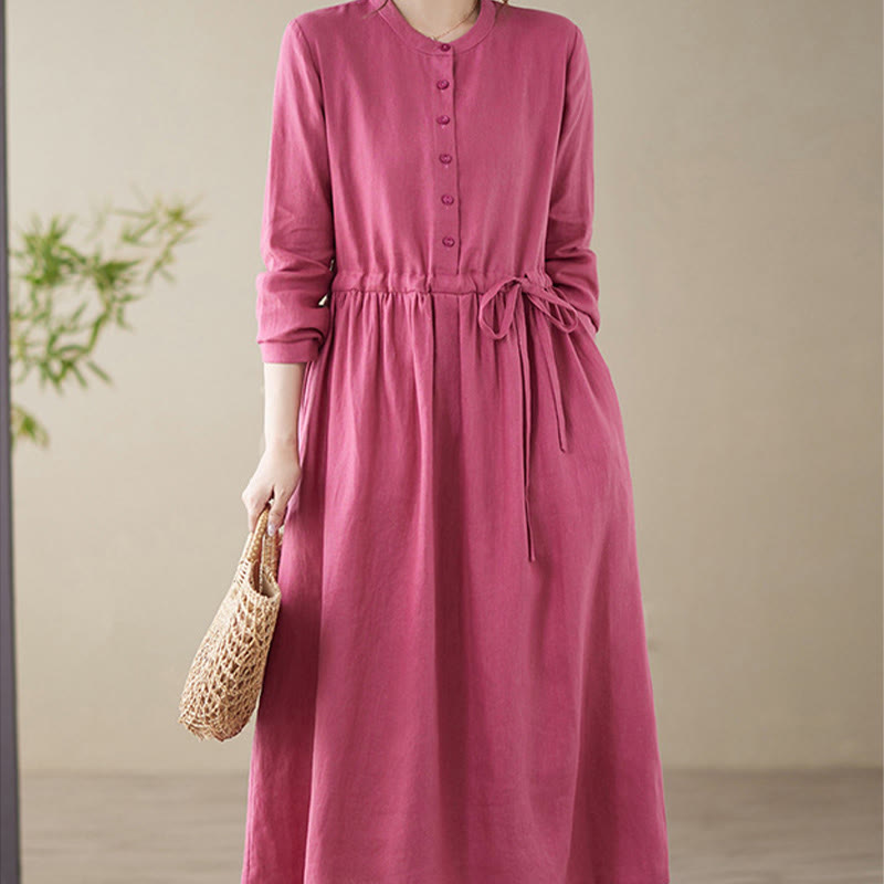 Buddha Stones Casual Plain Crew Neck Lace-up Cotton Linen Midi Dress With Pockets