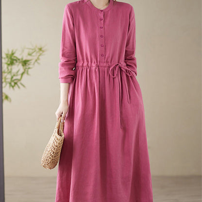 Buddha Stones Casual Plain Crew Neck Lace-up Cotton Linen Midi Dress With Pockets
