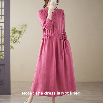 Buddha Stones Casual Plain Crew Neck Lace-up Cotton Linen Midi Dress With Pockets