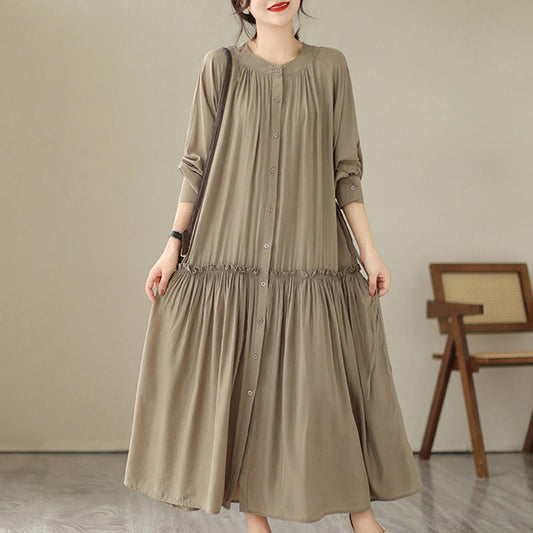 Buddha Stones Casual Plain Crew Neck Pleated Polyester Midi Dress With Pockets