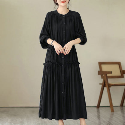Buddha Stones Casual Plain Crew Neck Pleated Polyester Midi Dress With Pockets