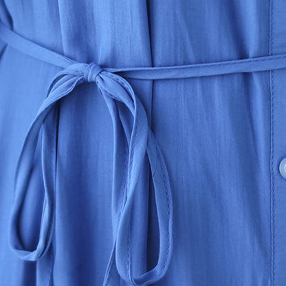 Buddha Stones Casual Plain Crew Neck Pleated Polyester Midi Dress With Pockets