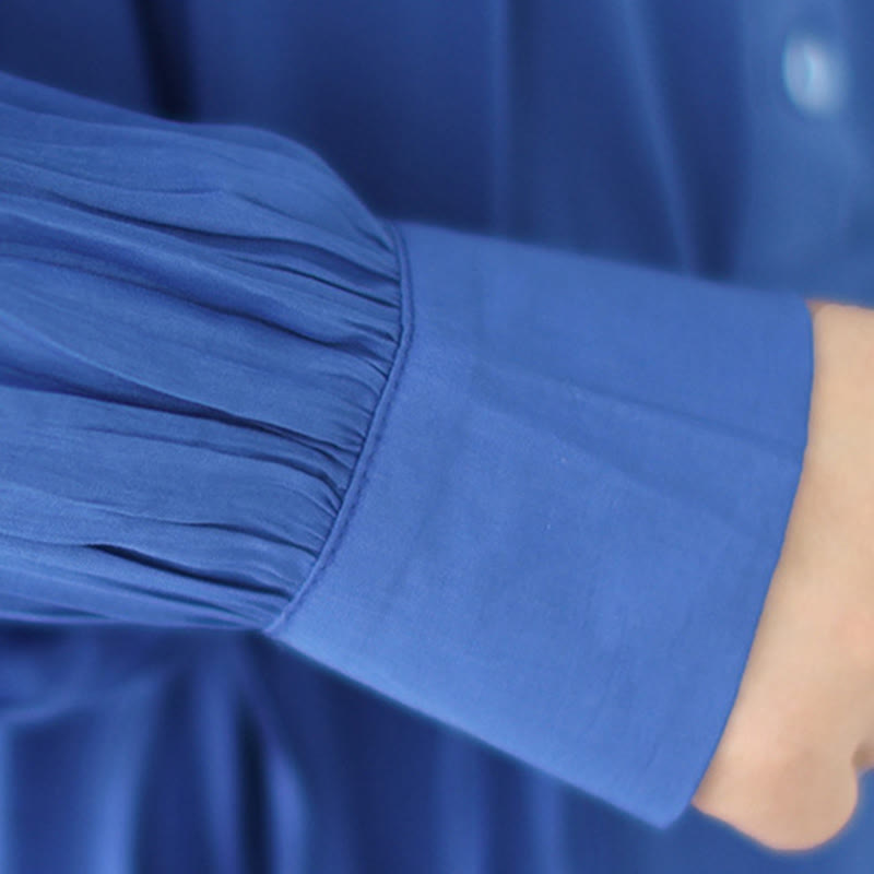 Buddha Stones Casual Plain Crew Neck Pleated Polyester Midi Dress With Pockets