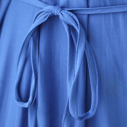 Buddha Stones Casual Plain Crew Neck Pleated Polyester Midi Dress With Pockets