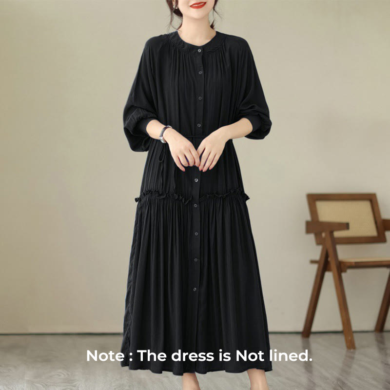 Buddha Stones Casual Plain Crew Neck Pleated Polyester Midi Dress With Pockets