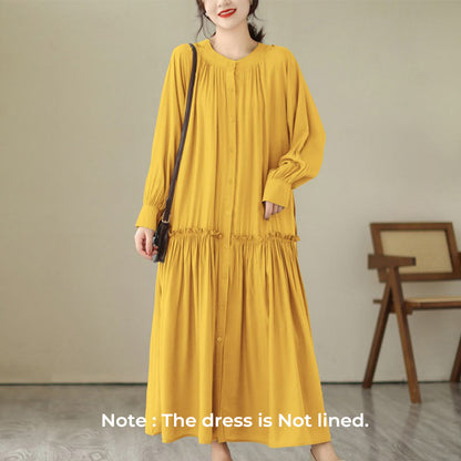 Buddha Stones Casual Plain Crew Neck Pleated Polyester Midi Dress With Pockets