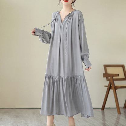 Buddha Stones Casual Plain Two-sided Style Dress Chiffon Midi Dress With Pockets