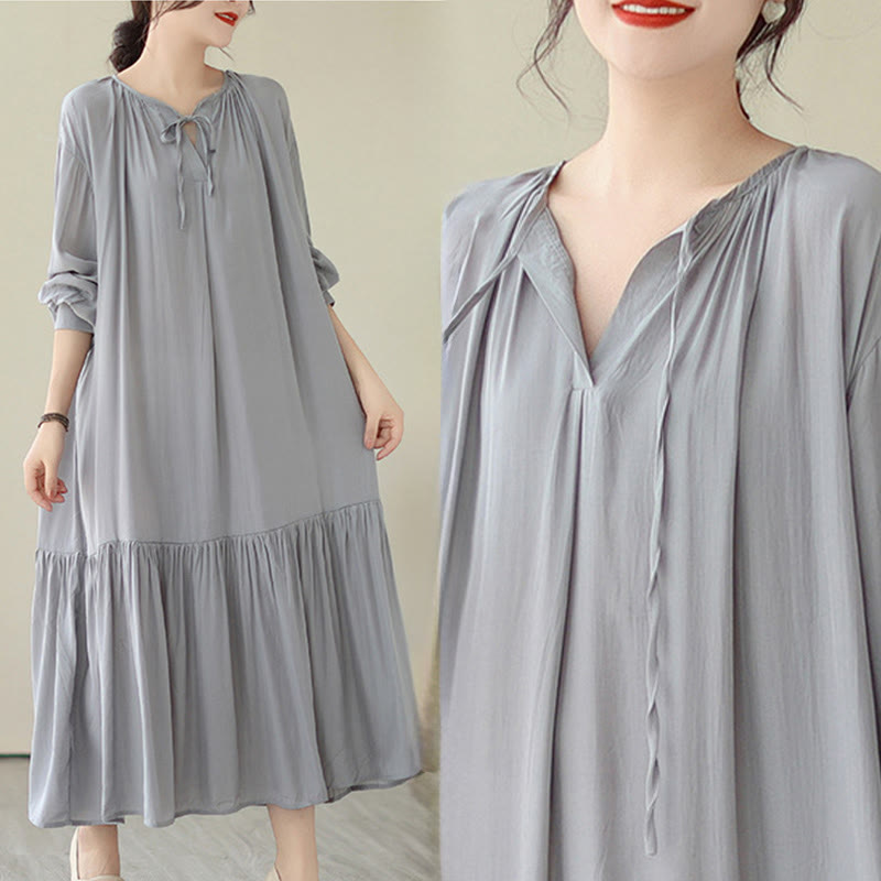 Buddha Stones Casual Plain Two-sided Style Dress Chiffon Midi Dress With Pockets