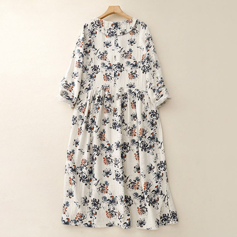 Buddha Stones Casual Small Floral Pattern Crew Neck Cotton Linen Midi Dress With Pockets