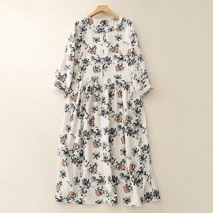 Buddha Stones Casual Small Floral Pattern Crew Neck Cotton Linen Midi Dress With Pockets