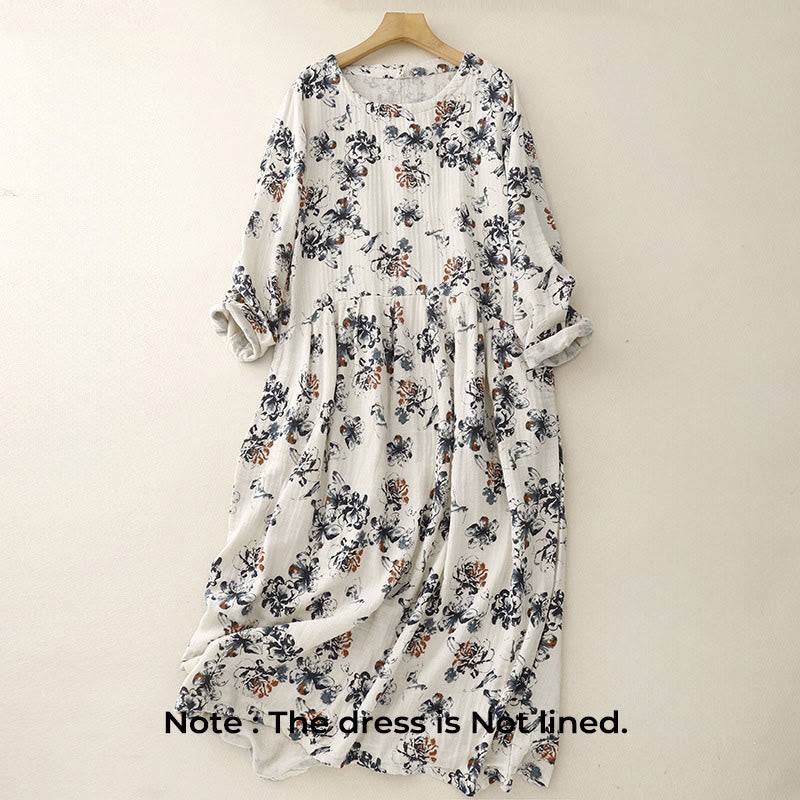 Buddha Stones Casual Small Floral Pattern Crew Neck Cotton Linen Midi Dress With Pockets