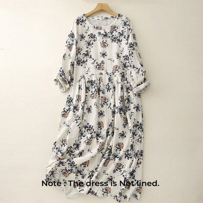 Buddha Stones Casual Small Floral Pattern Crew Neck Cotton Linen Midi Dress With Pockets