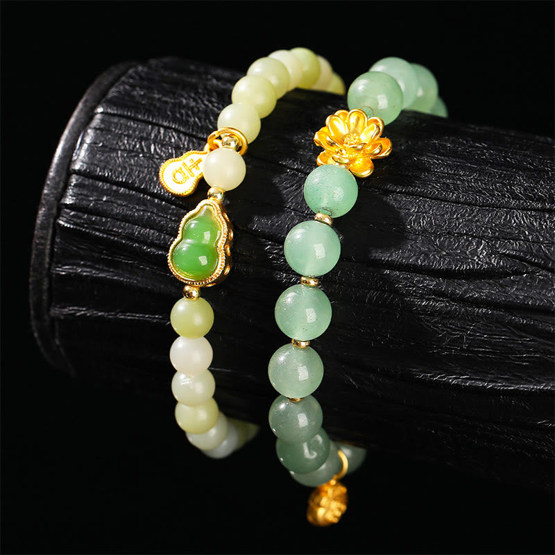Buddha Stones Natural Jade Green Aventurine Gourd Fu Character Luck Bracelet