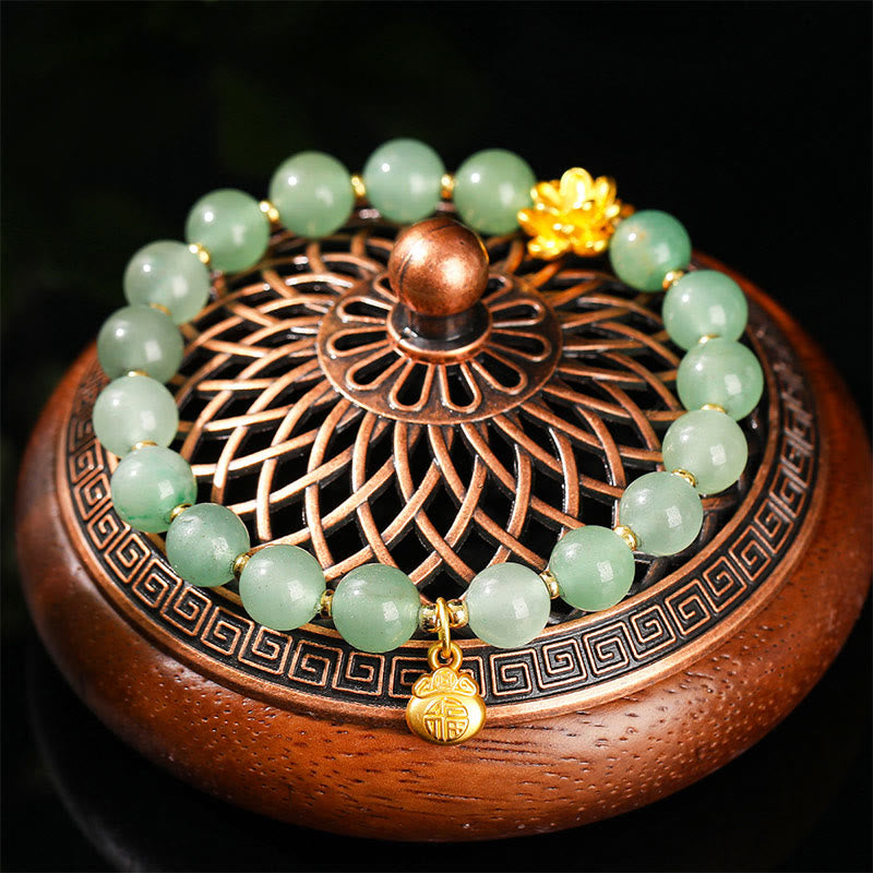 Buddha Stones Natural Jade Green Aventurine Gourd Fu Character Luck Bracelet