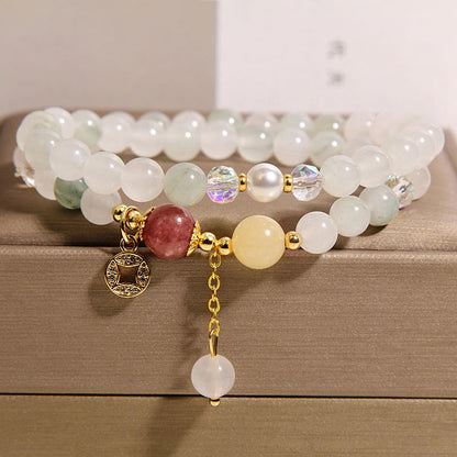Buddha Stones Tourmaline Purple Jade Aquamarine Jade Copper Coin Positive Double Wrap Bracelet
