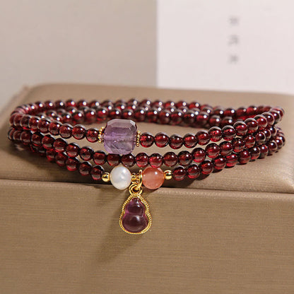 Buddha Stones Natural Garnet Amethyst Gourd Protection Multi-Layer Bracelet