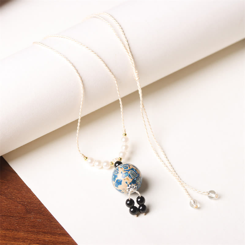 Buddha Stones Ebony Wood Aurora Lacquer Craft Bead Pearl Balance Necklace Pendant