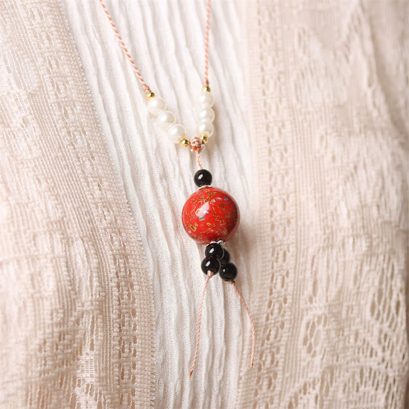 Buddha Stones Ebony Wood Aurora Lacquer Craft Bead Pearl Balance Necklace Pendant
