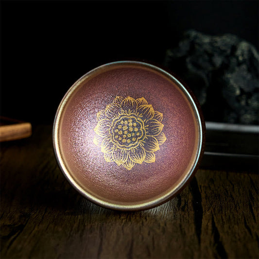 Buddha Stones Handmade Chinese Jianzhan Golden Lotus Flower Ceramic Teacup Kung Fu Tea Cup 150ml