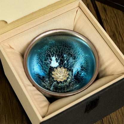 Buddha Stones Handmade Chinese Jianzhan Lotus Blue Ceramic Teacup Kung Fu Tea Cup 150ml