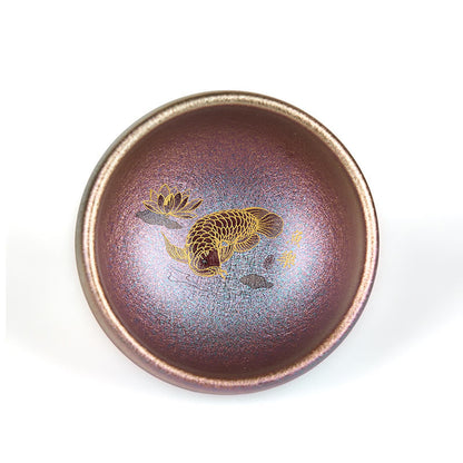 Buddha Stones Handmade Chinese Jianzhan Koi Fish Lotus Leaf Ceramic Teacup Kung Fu Tea Cup 150ml