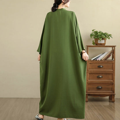 Buddha Stones Retro Casual Solid Color Long Sleeve Cotton Linen Maxi Dress With Pockets