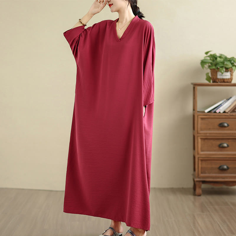 Buddha Stones Retro Casual Solid Color Long Sleeve Cotton Linen Maxi Dress With Pockets