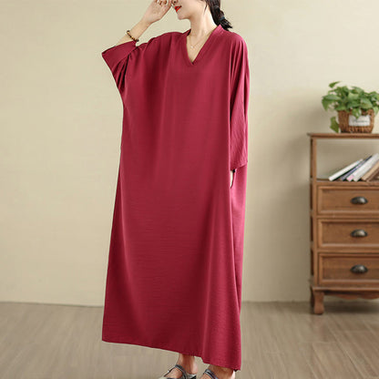 Buddha Stones Retro Casual Solid Color Long Sleeve Cotton Linen Maxi Dress With Pockets