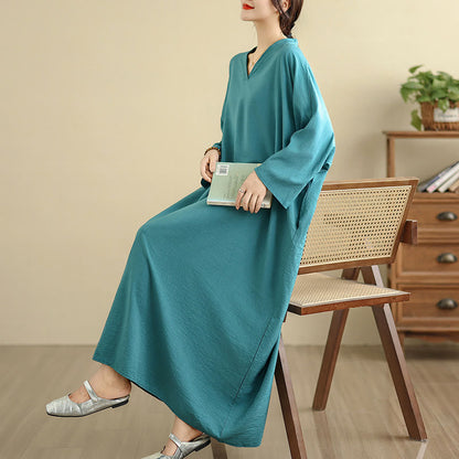 Buddha Stones Retro Casual Solid Color Long Sleeve Cotton Linen Maxi Dress With Pockets