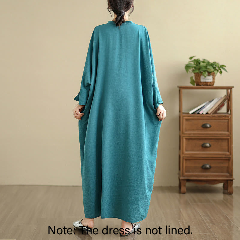 Buddha Stones Retro Casual Solid Color Long Sleeve Cotton Linen Maxi Dress With Pockets