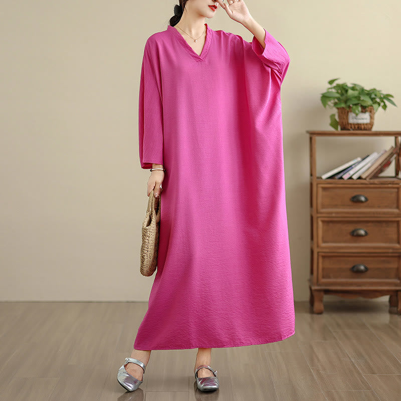 Buddha Stones Retro Casual Solid Color Long Sleeve Cotton Linen Maxi Dress With Pockets