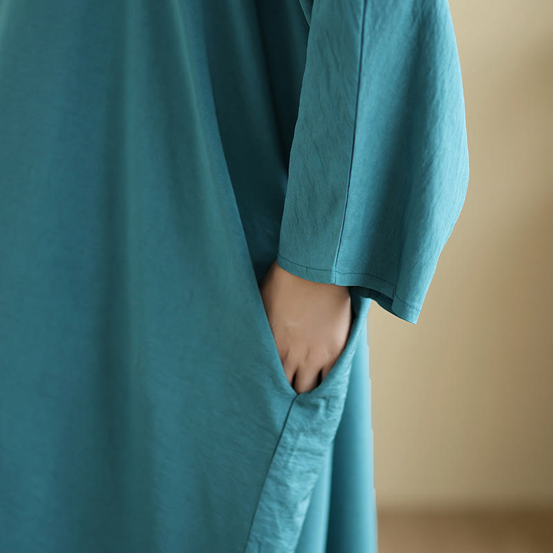 Buddha Stones Retro Casual Solid Color Long Sleeve Cotton Linen Maxi Dress With Pockets