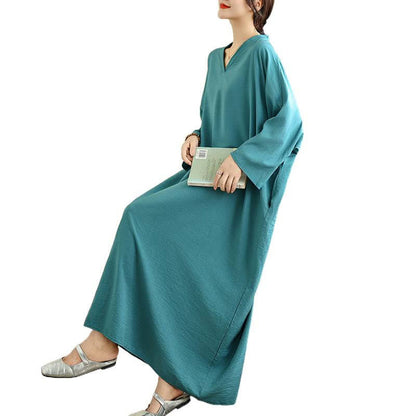 Buddha Stones Retro Casual Solid Color Long Sleeve Cotton Linen Maxi Dress With Pockets