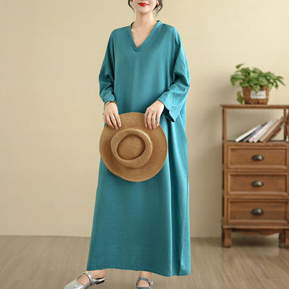 Buddha Stones Retro Casual Solid Color Long Sleeve Cotton Linen Maxi Dress With Pockets