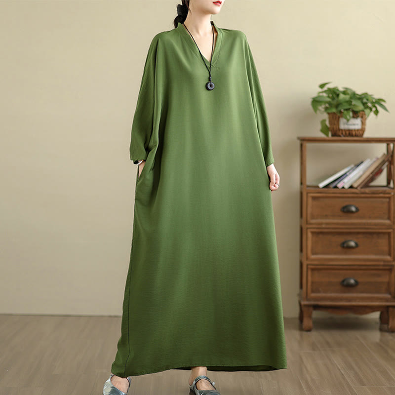 Buddha Stones Retro Casual Solid Color Long Sleeve Cotton Linen Maxi Dress With Pockets