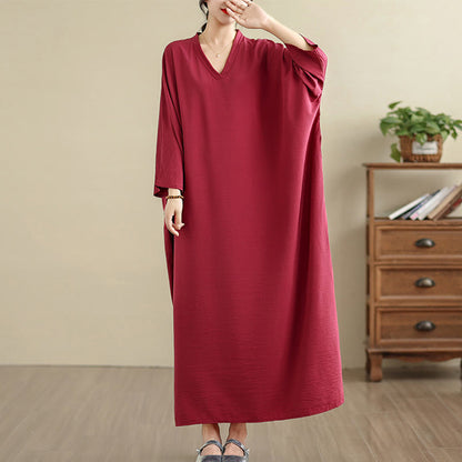 Buddha Stones Retro Casual Solid Color Long Sleeve Cotton Linen Maxi Dress With Pockets