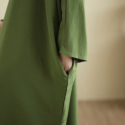 Buddha Stones Retro Casual Solid Color Long Sleeve Cotton Linen Maxi Dress With Pockets